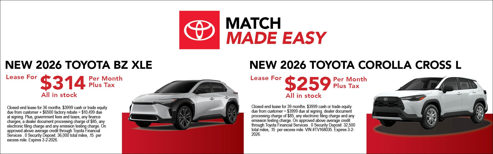 Toyota bZ XLE and Corolla Cross offers