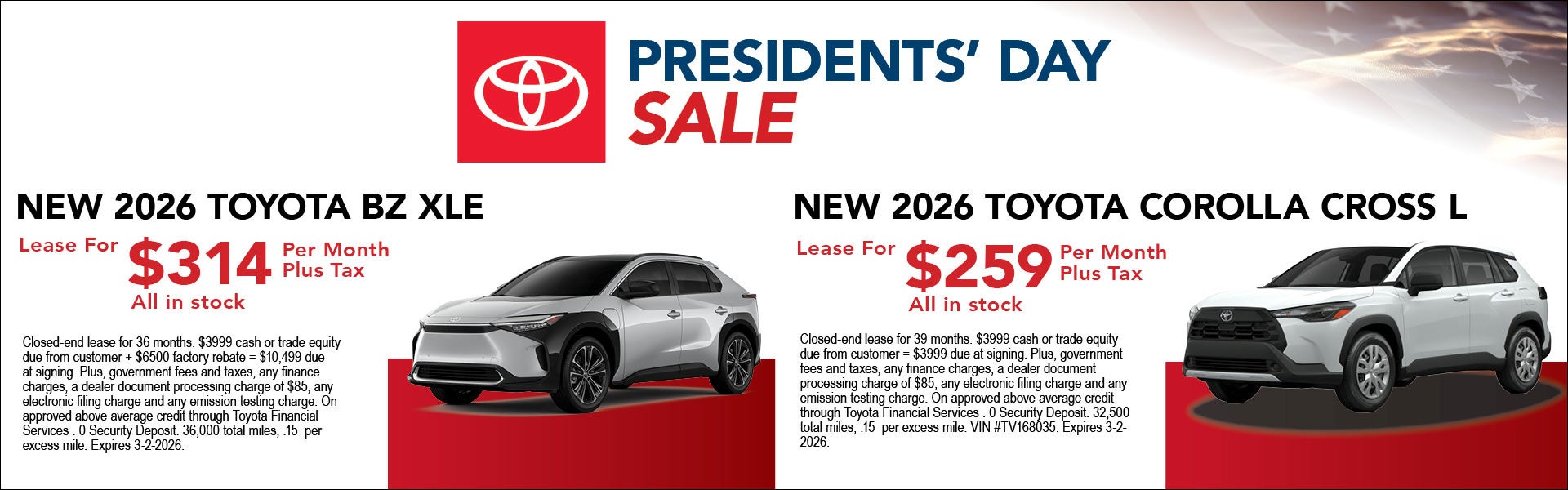 Presidents Day Sale bZ XLE and Corolla Cross offers