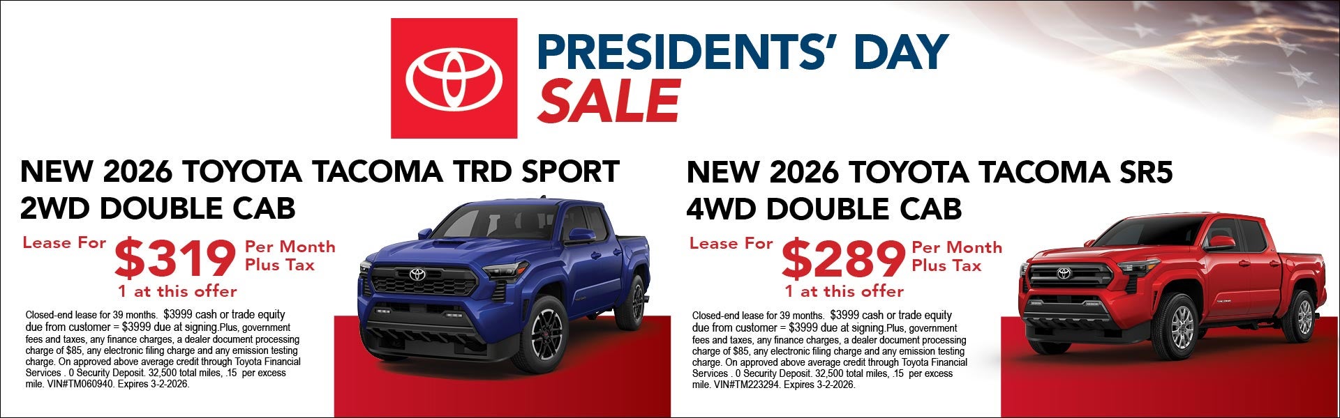 Presidents Day Sale Tacoma TRD Sport and SR5 offers