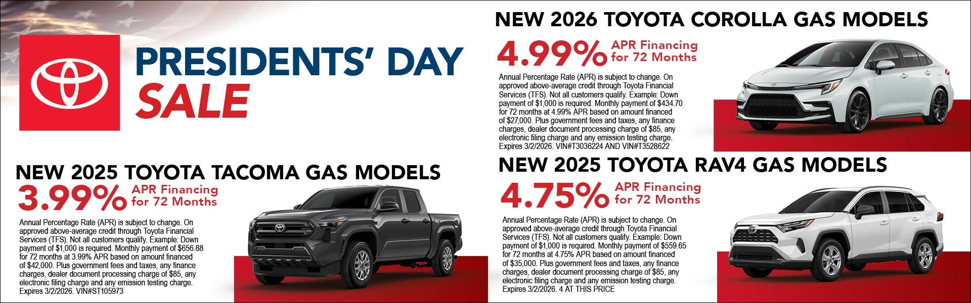 Presidents Day Sale Corolla, RAV4, Tacoma APR offers