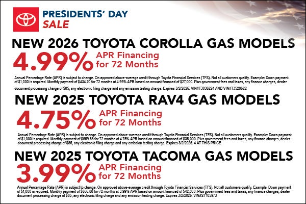 Presidents Day Sale Corolla, RAV4, Tacoma APR offers