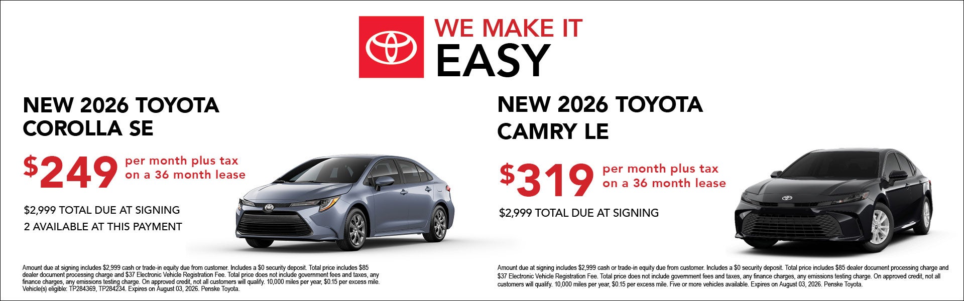 new 2026 Toyota Corolla SE & Camry LE