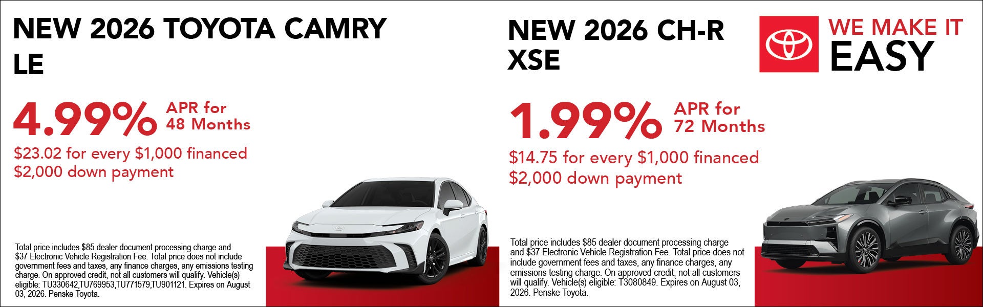 New 2026 Toyota Camry LE & CH-R XSE