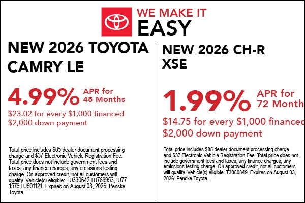 New 2026 Toyota Camry LE & CH-R XSE