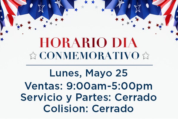 Horario Día Conmemorativo: ventas 9am–5pm, cerrado