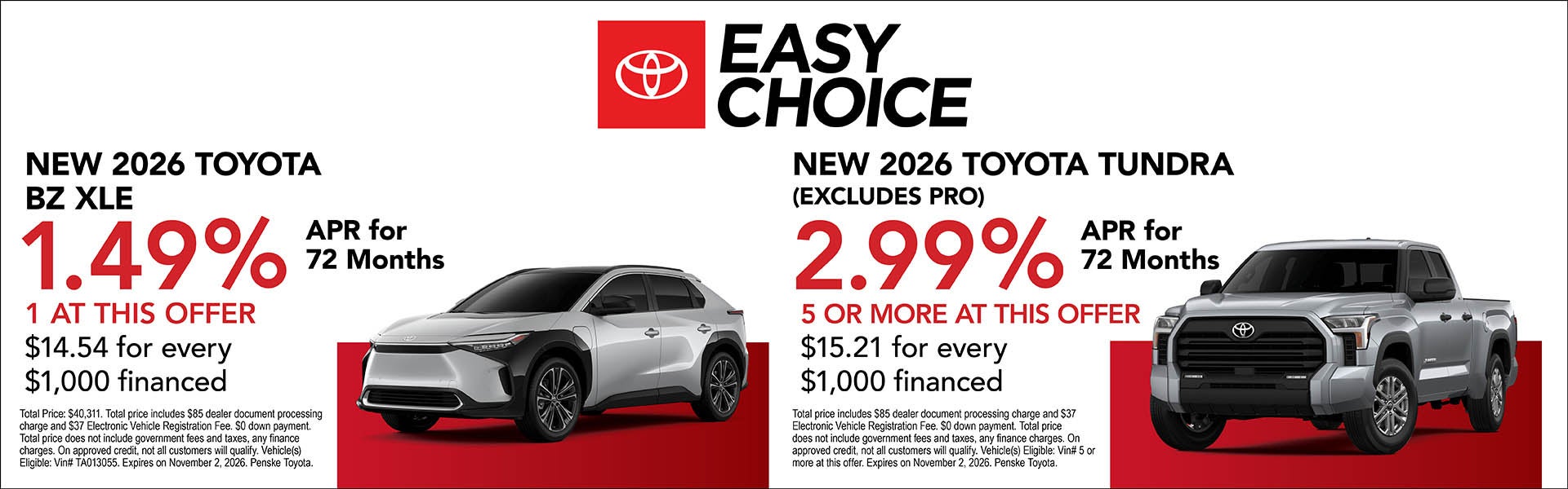 2026 BZ XLE & Tundra APR Offers
