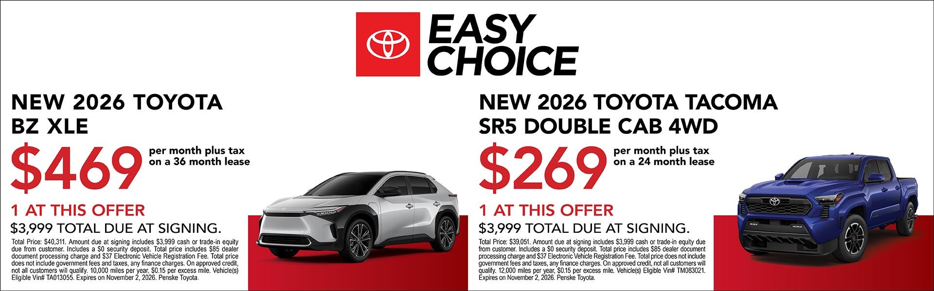 2026 BZ XLE & Tacoma SR5 Lease Offer
