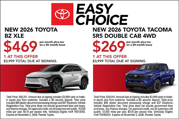 2026 BZ XLE & Tacoma SR5 Lease Offer