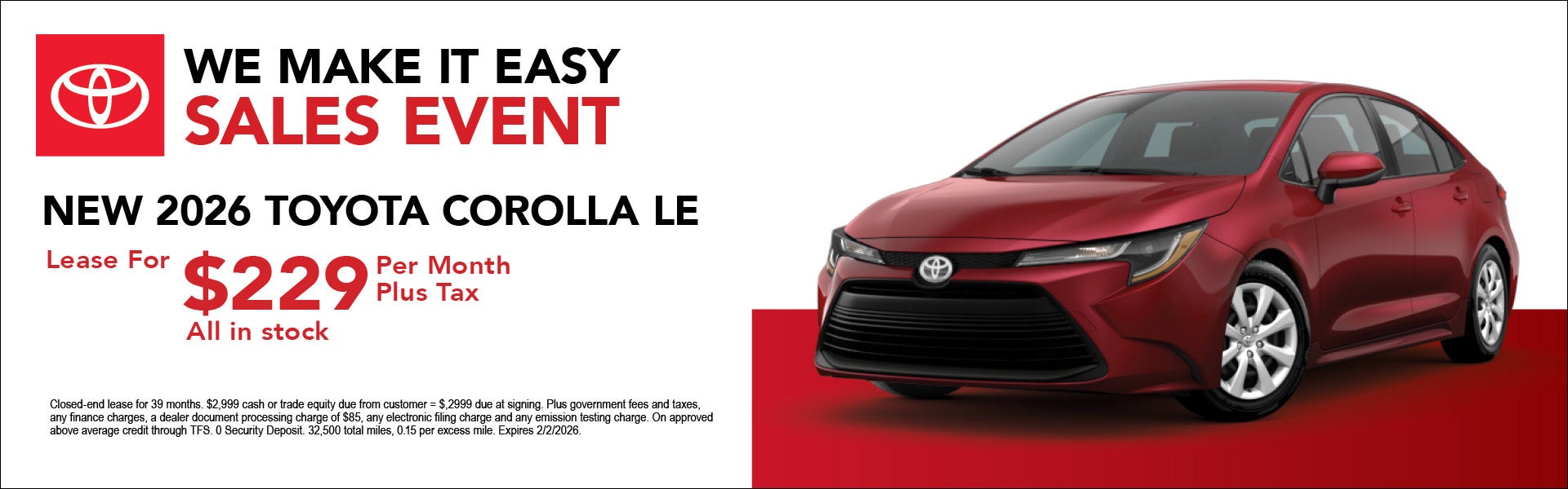 New 2026 Toyota Corolla LE Lease Special