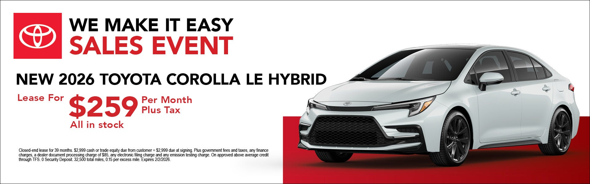 New 2026 Toyota Corolla LE Hybrid Lease Special