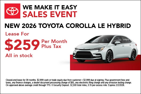 New 2026 Toyota Corolla LE Hybrid Lease Special