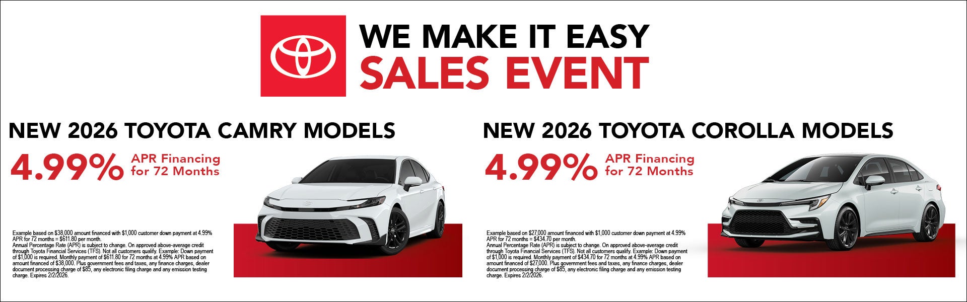 New 2026 Toyota Camry & Corolla APR Specials