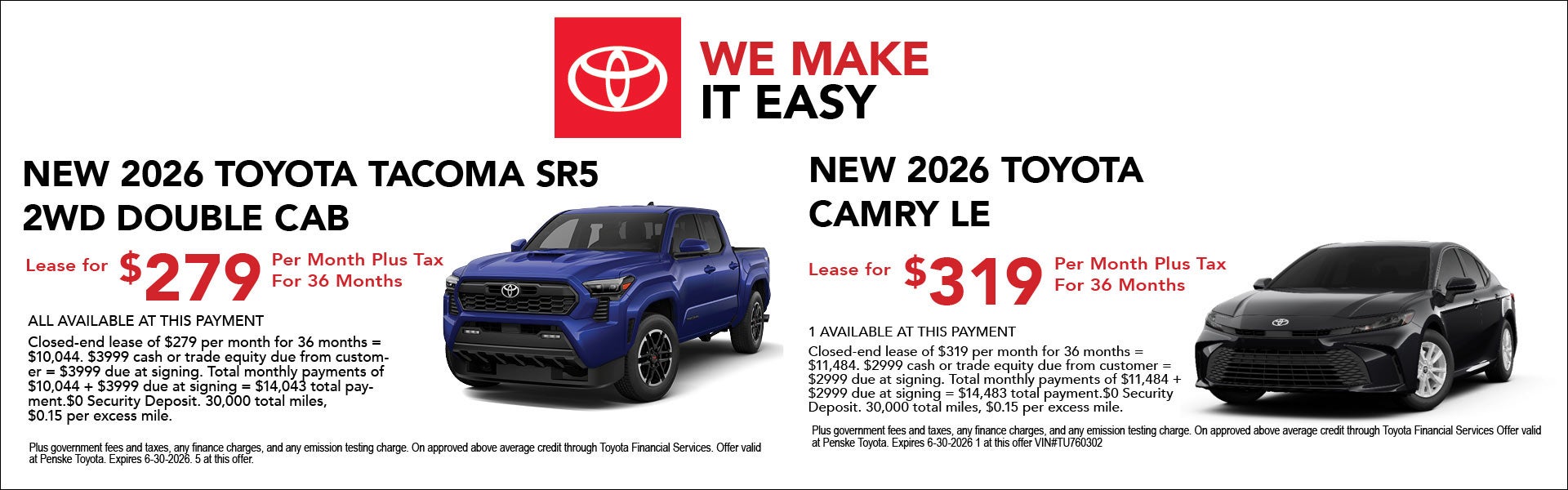 New 2026 Tacoma and Camry Lease Specials
