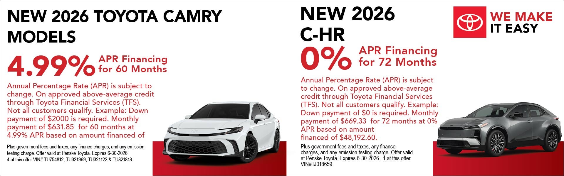 New 2026 Camry and C-HR APR Specials